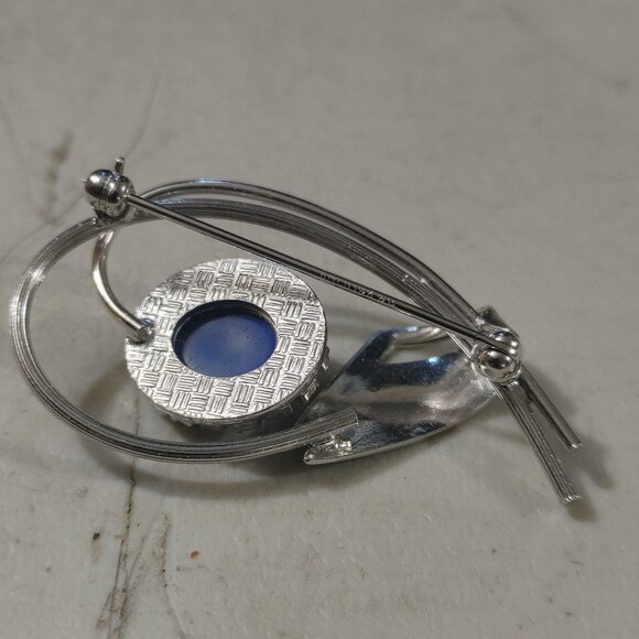 Vintage 14K GF Brooch Blue Star Sapphire Stone Intricate Silver Tone Mid Century - Picture 6 of 6